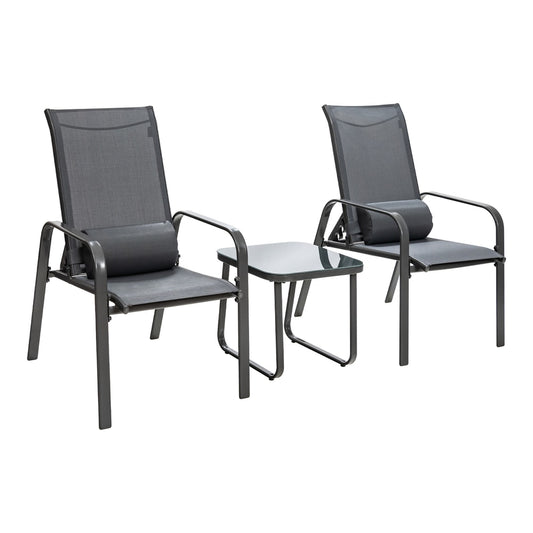 3 Pieces Patio Bistro Set with coffee table and two stackable chairs in grey