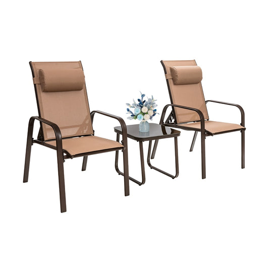 3 Pieces Patio Bistro Set with coffee table and two stackable chairs in brown
