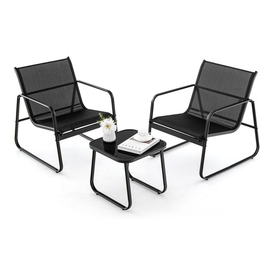 3 Pieces Patio Conversation Set with two black chairs and a small square table on a white background