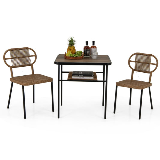 3 Pieces Patio Dining Set with two stackable rattan chairs and a table