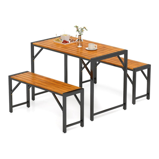 3-Pieces Patio Dining Set with picnic table and two benches on a white background