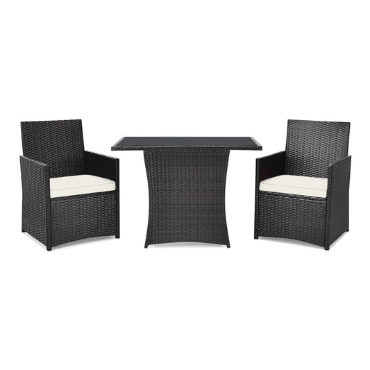 3 Pieces Patio PE Wicker Set with two chairs and a coffee table, all white
