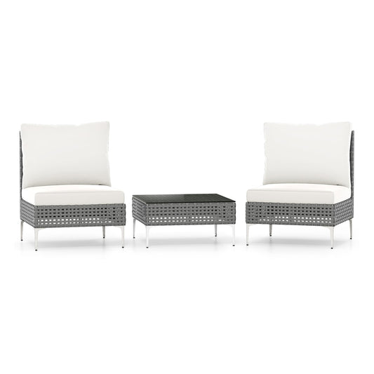 3 Pieces PE Rattan Conversation Chairs with white cushions and a coffee table on a white background