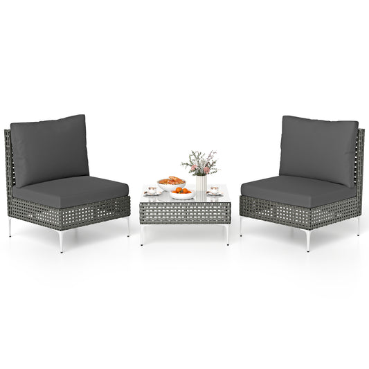3 Pieces PE Rattan Conversation Chairs with coffee table on a white background