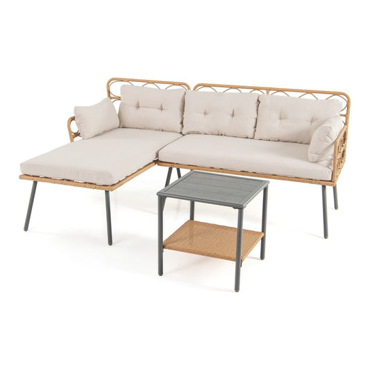 3 Pieces PE Rattan L-Shaped Corner Patio Furniture Sofa Set with beige cushions and coffee table