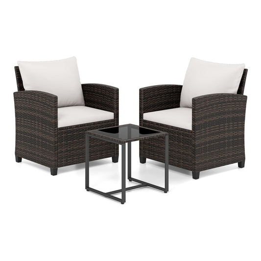3 Pieces PE Rattan Wicker Outdoor Bistro Conversation Set with two chairs and a table