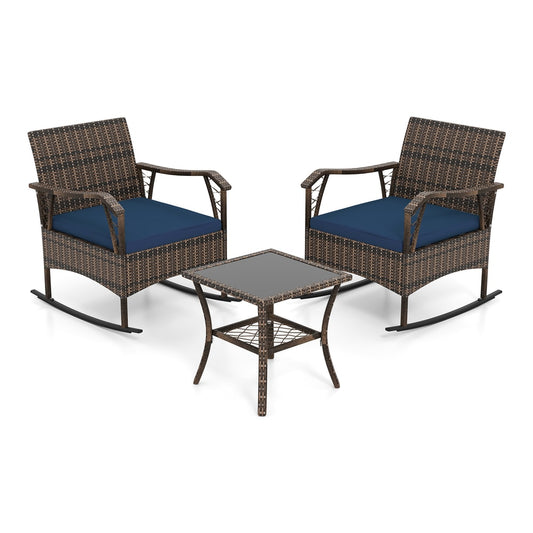 3 Pieces Rocking Bistro Set with Cushions for Porch-Navy, two rocking chairs and a small table on a white background