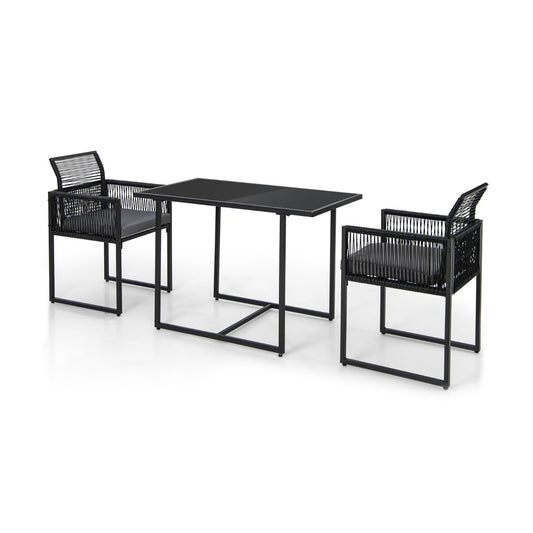 3 Pieces Space-Saving Patio Rattan Outdoor Dining Set in black with two chairs and a table