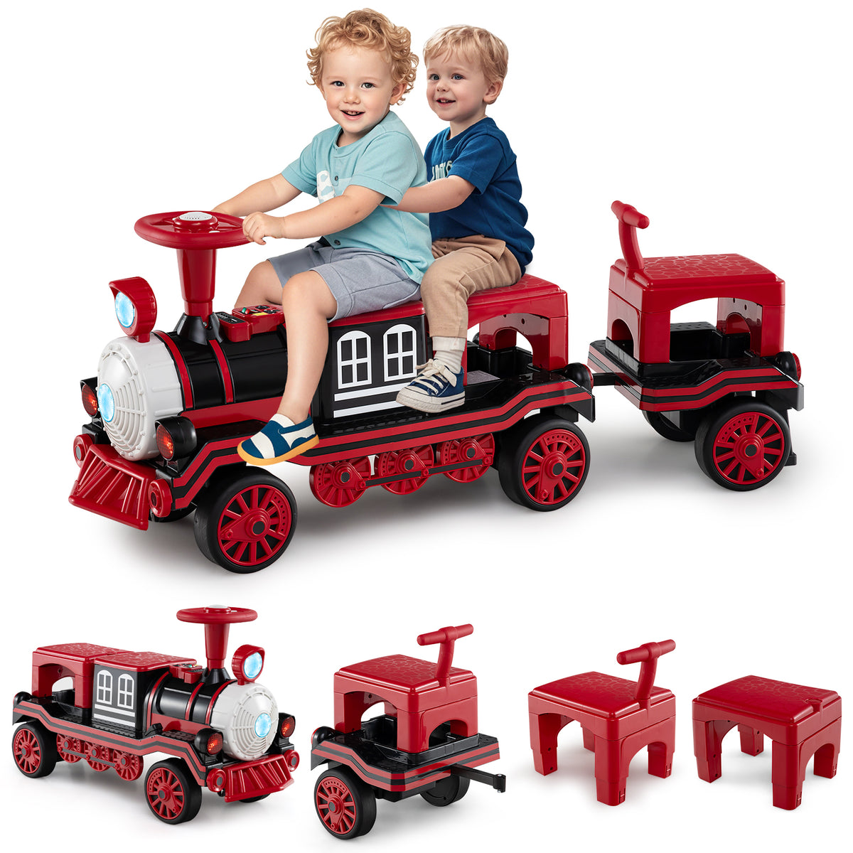 Two young children enjoying a ride on the red 3-seater electric train set with trailer