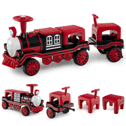 3-Seater 12V Ride on Train Set Trackless in red with two removable chairs and a trailer
