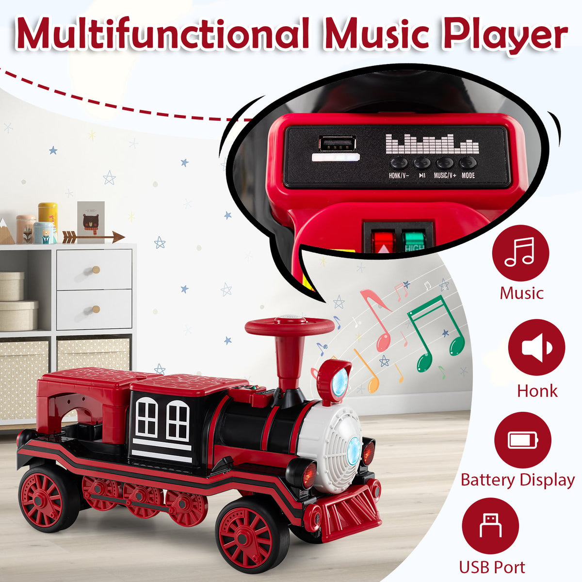 Close up of the music player and USB port on the red 3-seater electric train set
