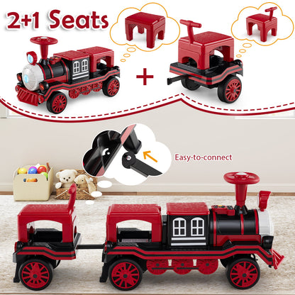 The red 3-seater electric train set with trailer and two removable chairs, showing assembly