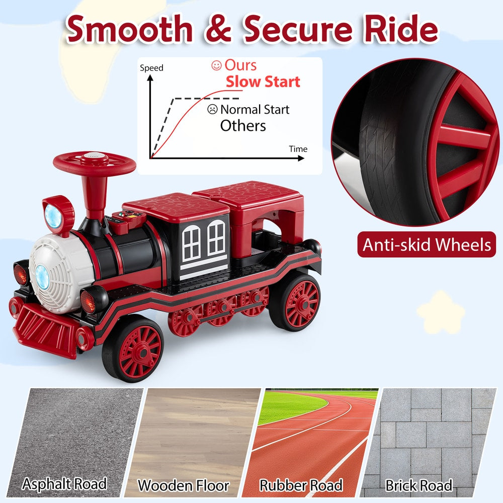 The red 3-seater electric train set on different road surfaces, showing smooth ride