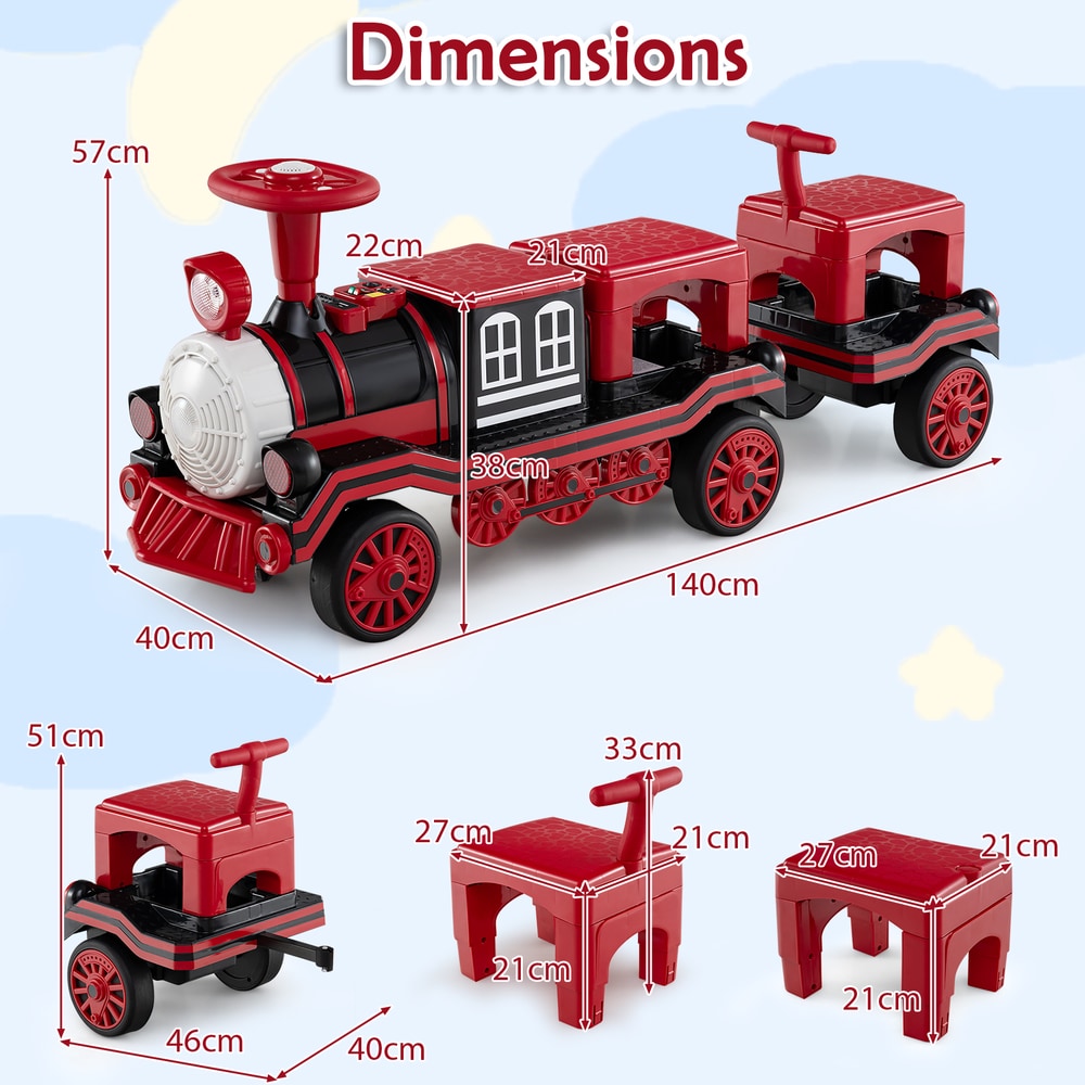 Dimensions of the red 3-seater electric train set with trailer and removable chairs