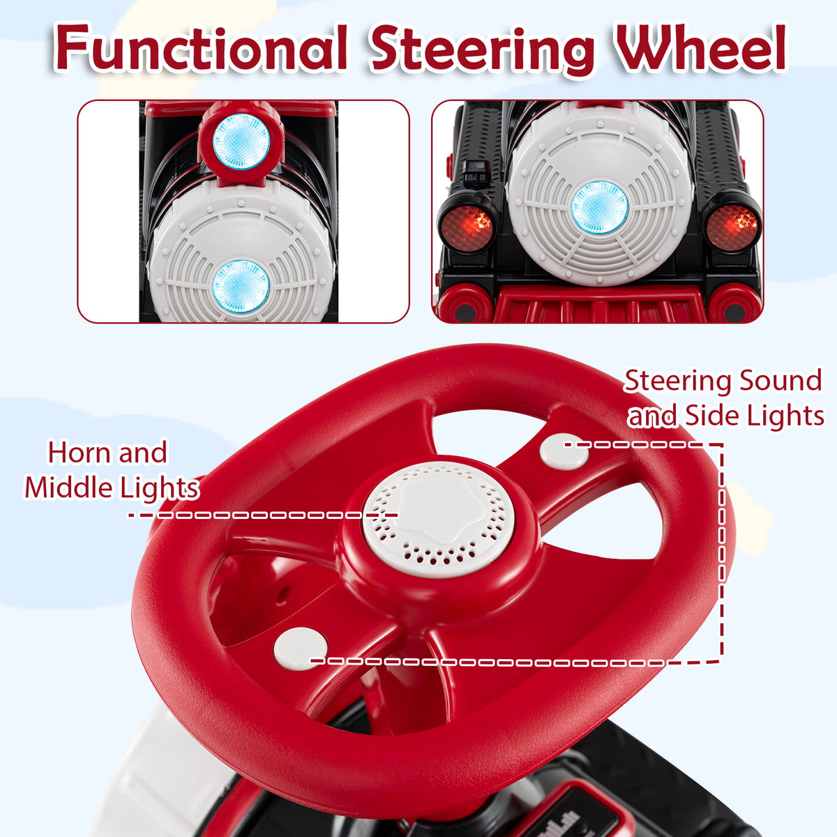 Close up of the steering wheel and lights on the red 3-seater electric train set