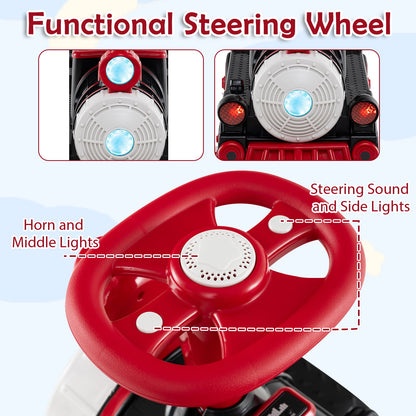 Close up of the steering wheel and lights on the red 3-seater electric train set