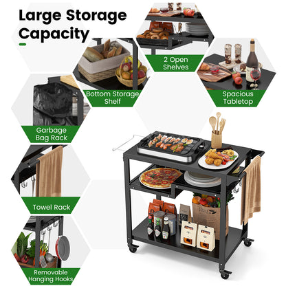 3-Shelf Movable BBQ Cart with 4 Lockable Wheels in Black