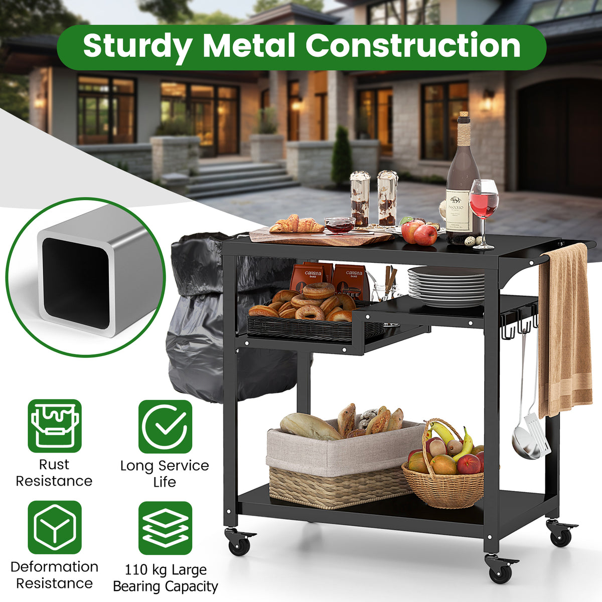 3-Shelf Movable BBQ Cart with 4 Lockable Wheels in Black