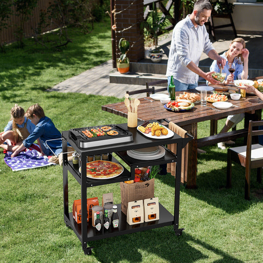3-Shelf Movable BBQ Cart with 4 Lockable Wheels in Black
