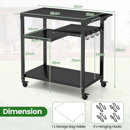 The kitchen island showing all external dimensions and the included hooks and bag holder