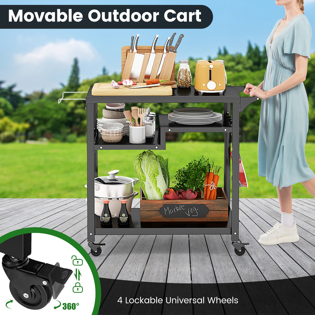 The mobile cart being pushed by a woman on a patio with a close-up of the lockable wheel
