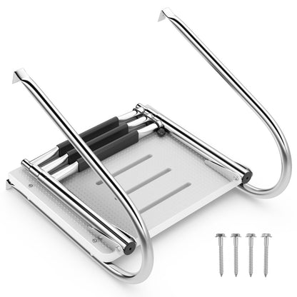 The boat ladder in a folded position with four metal screws placed beside it