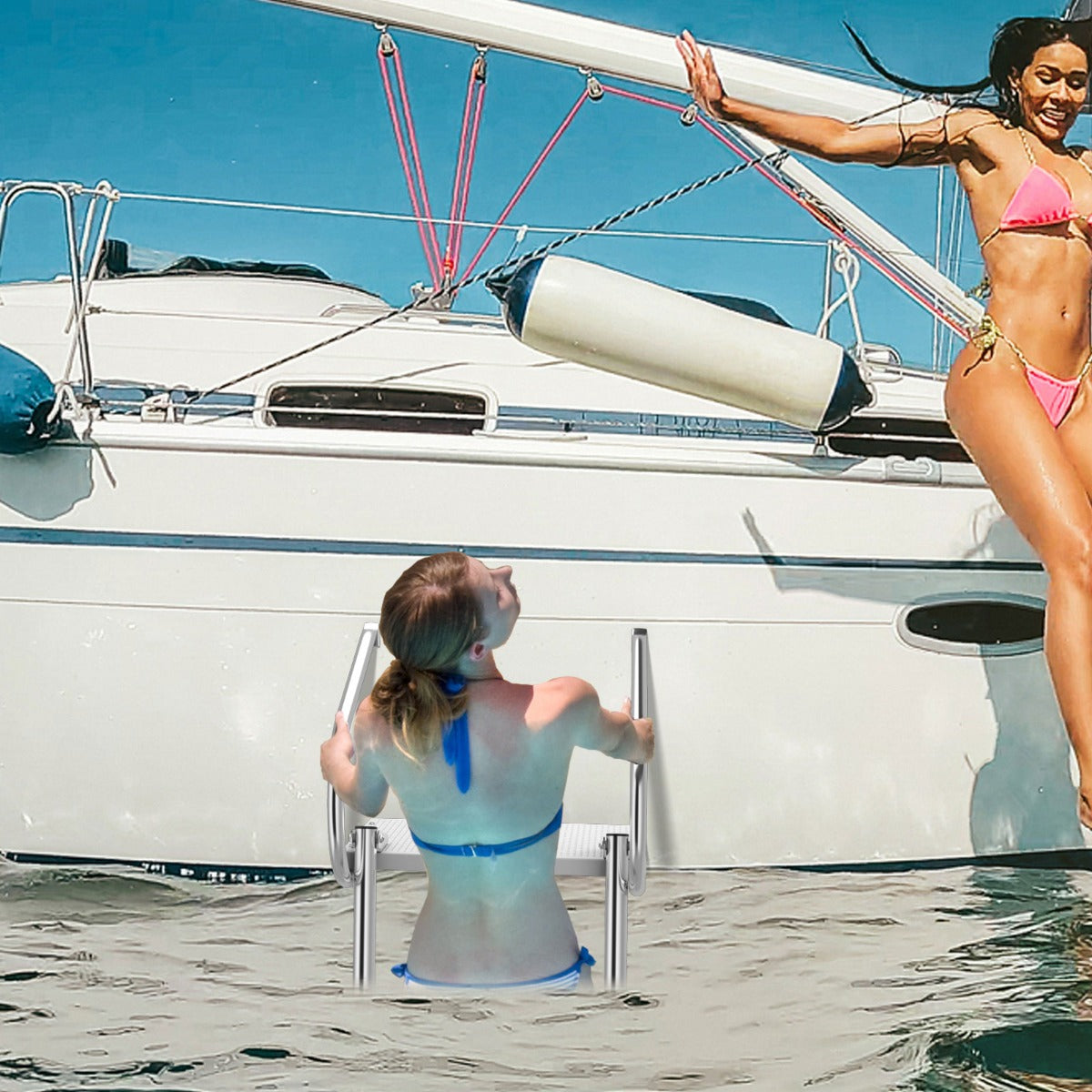 The boat ladder attached to a yacht with a woman climbing out of the water