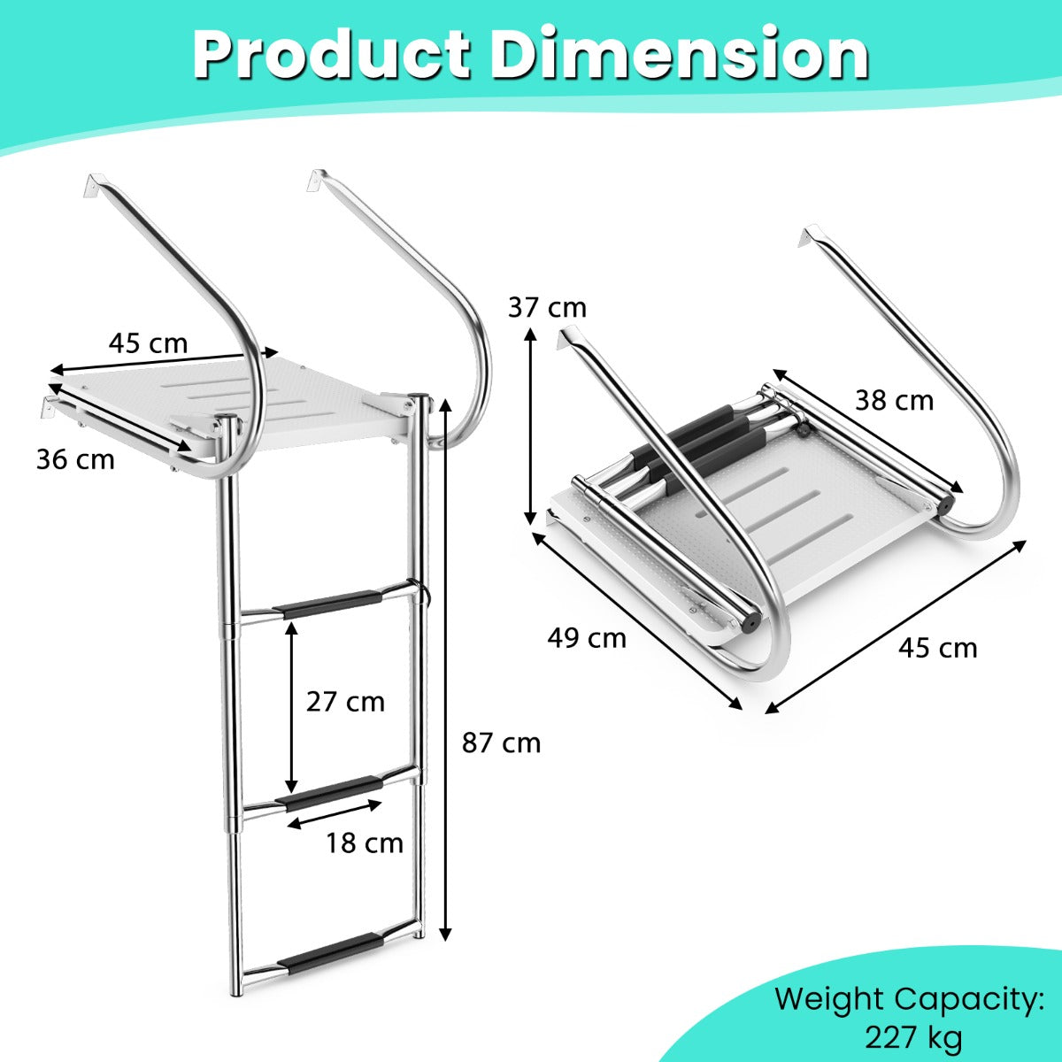 The boat ladder showing various measurements and the weight capacity on a diagram