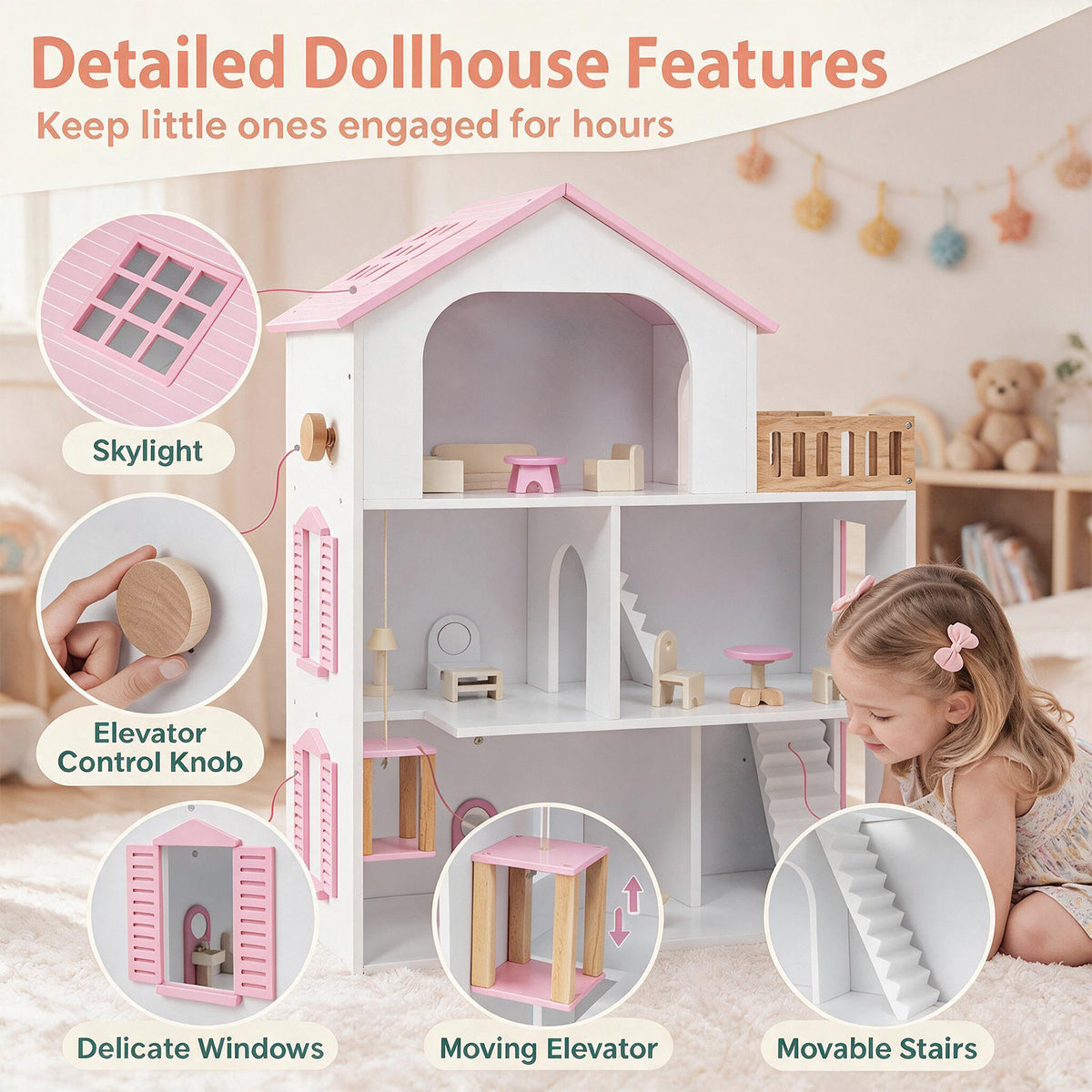 Close-up of the pink wooden dollhouse showing features like the skylight and moving elevator