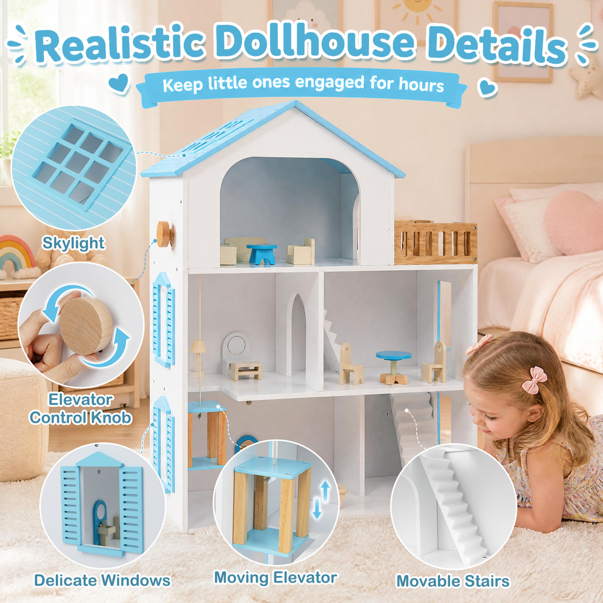 Close up details of the wooden dollhouse playset including windows and stairs