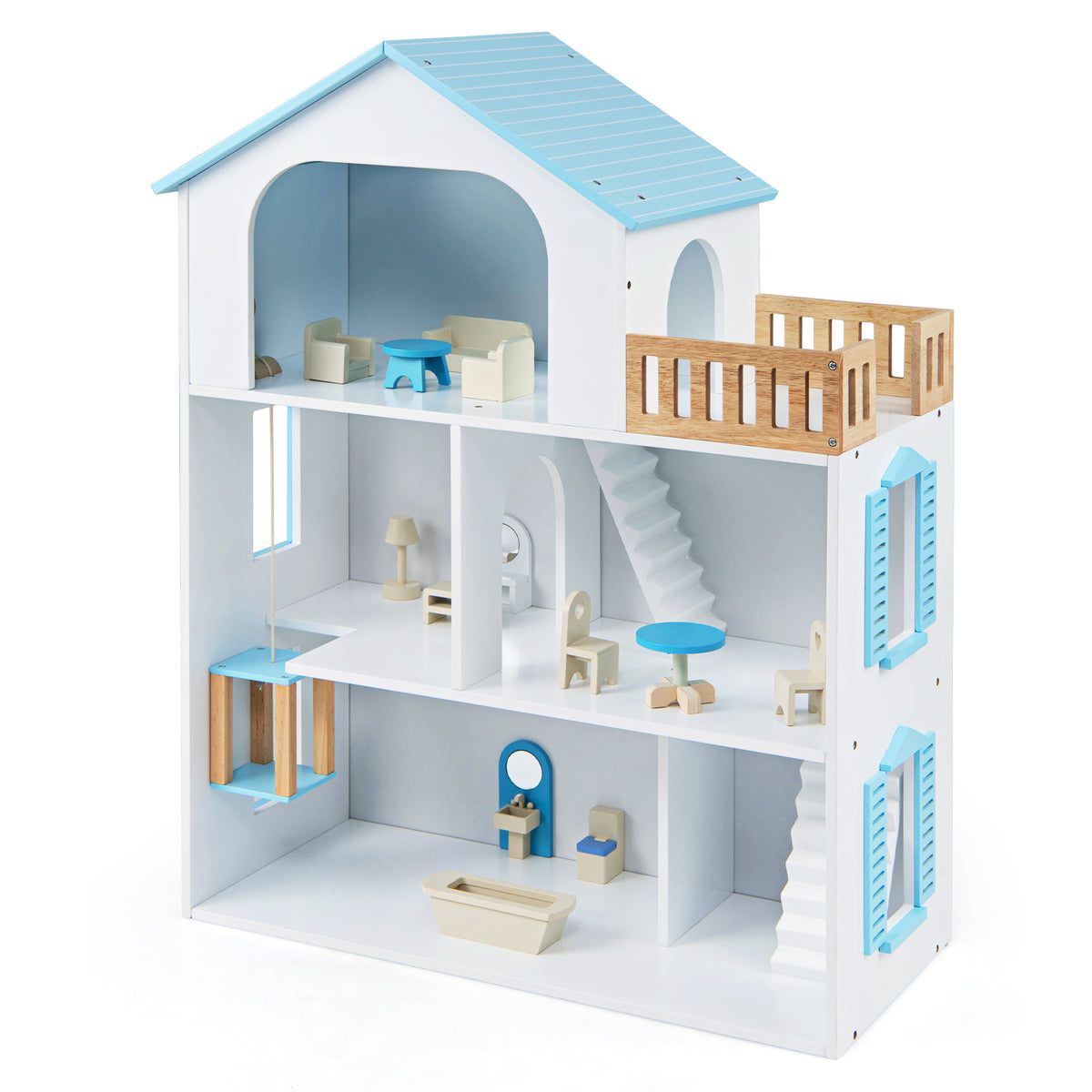 3-Story Wooden Dollhouse Playset with 5 rooms and blue roof, showing furniture inside