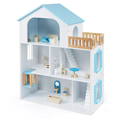 3-Story Wooden Dollhouse Playset with 5 rooms and blue roof, showing furniture inside