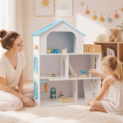 A woman and a child playing with the wooden dollhouse playset in a room