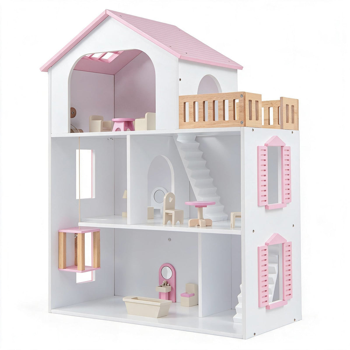 3-Story Wooden Dollhouse Playset with 5 rooms and pink roof, showing the interior layout
