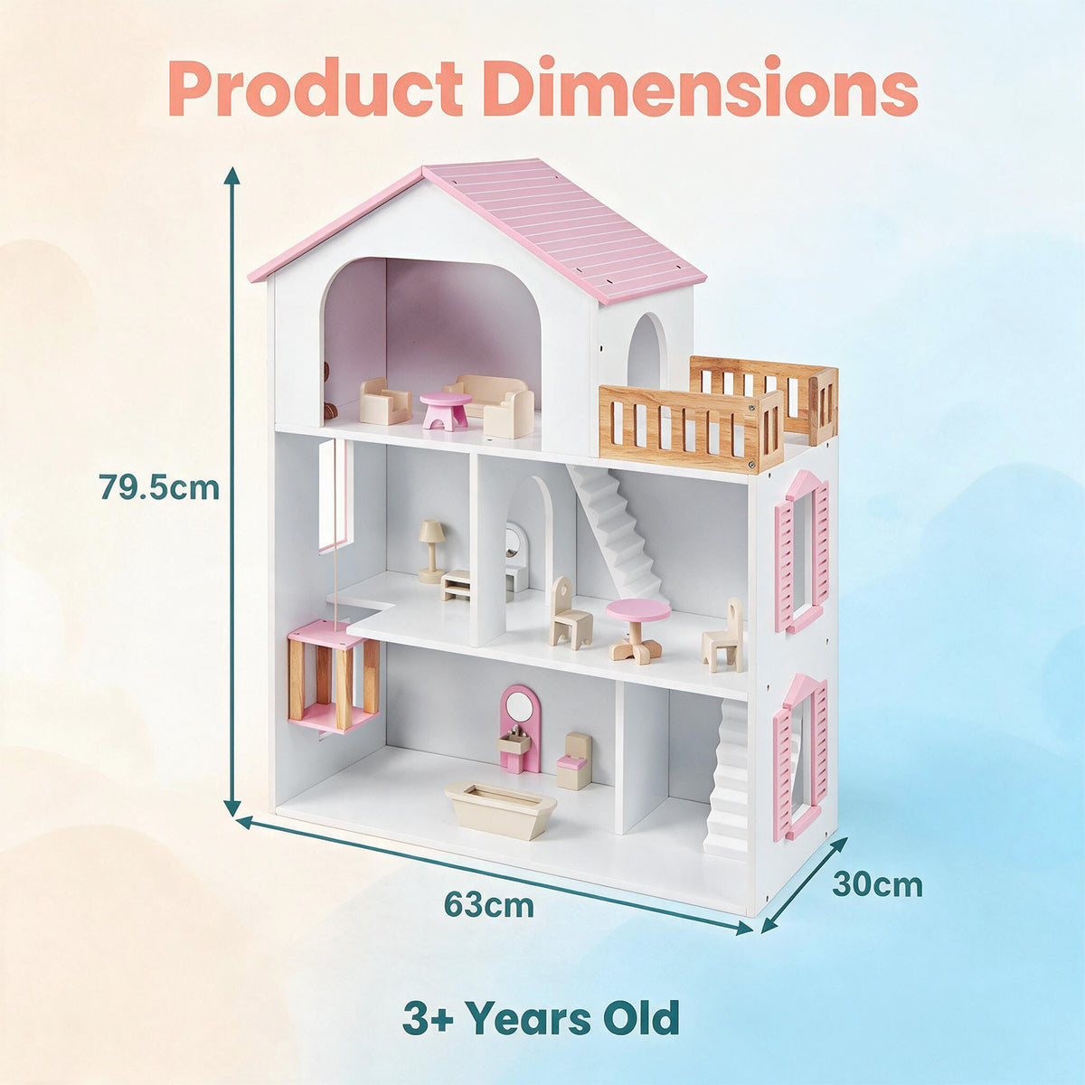 Product dimensions diagram showing the height, width and depth of the pink wooden dollhouse