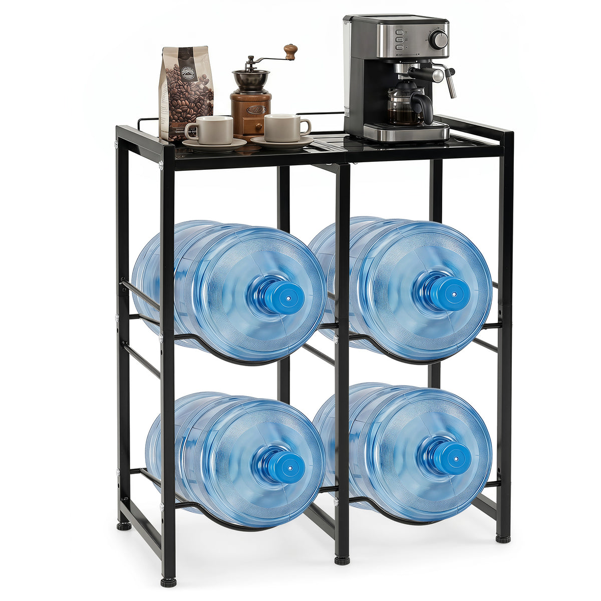 3-Tier 18.9 L Water Jug Holder holding four large water bottles and a coffee machine on top