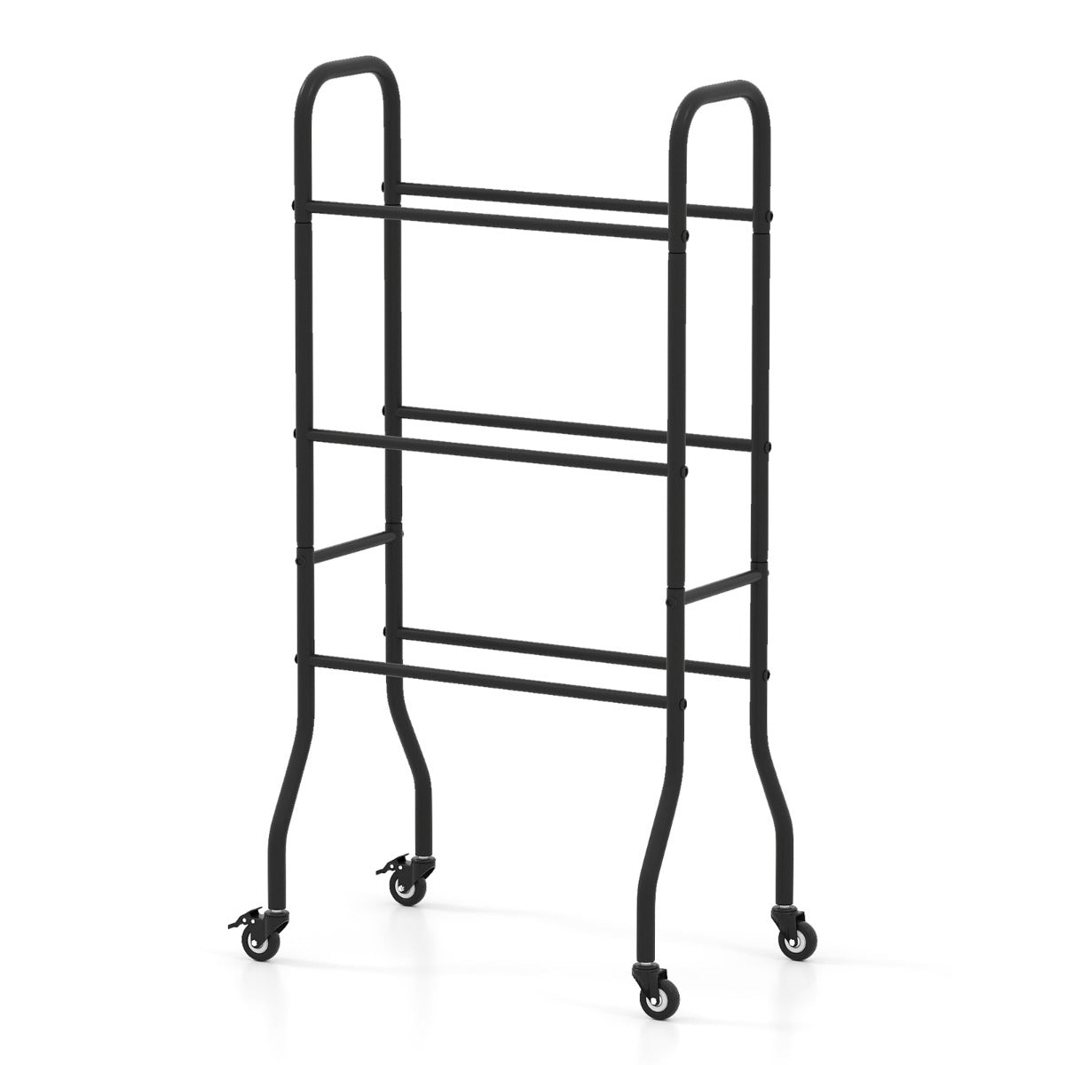 3-Tier Basketball Rack with 4 Universal Wheels and Metal Frame, a black metal rack with three shelves for balls