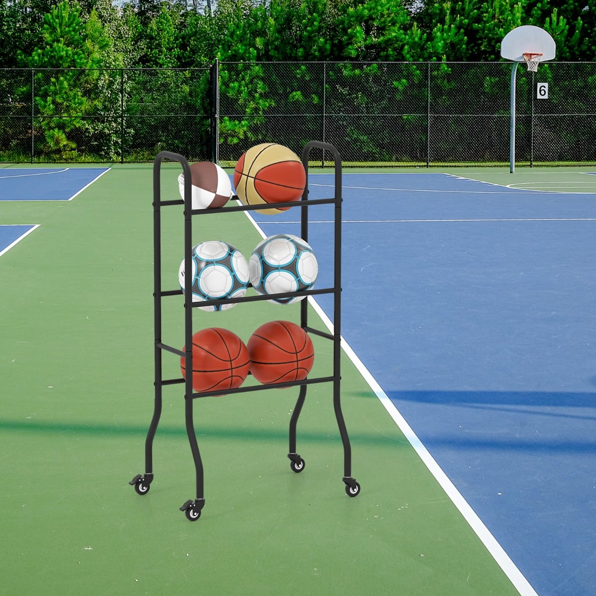 This sport equipment rack holds basketballs, footballs and soccer balls on an outdoor court
