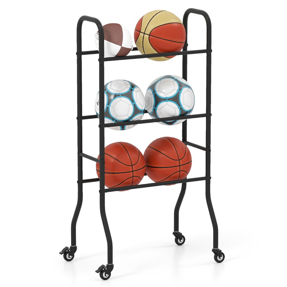 The black metal sports ball holder is shown from the side with various balls on its shelves