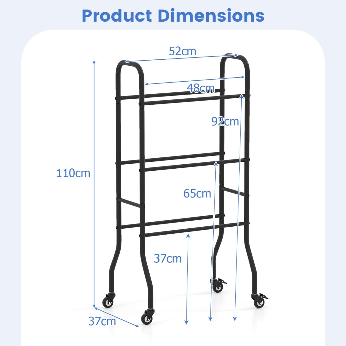 Product dimensions diagram showing the height, width and depth of the basketball storage unit