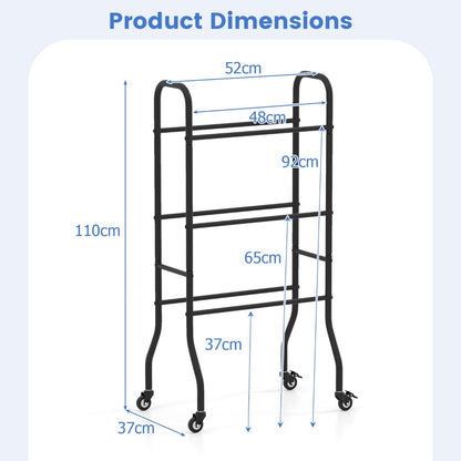 Product dimensions diagram showing the height, width and depth of the basketball storage unit