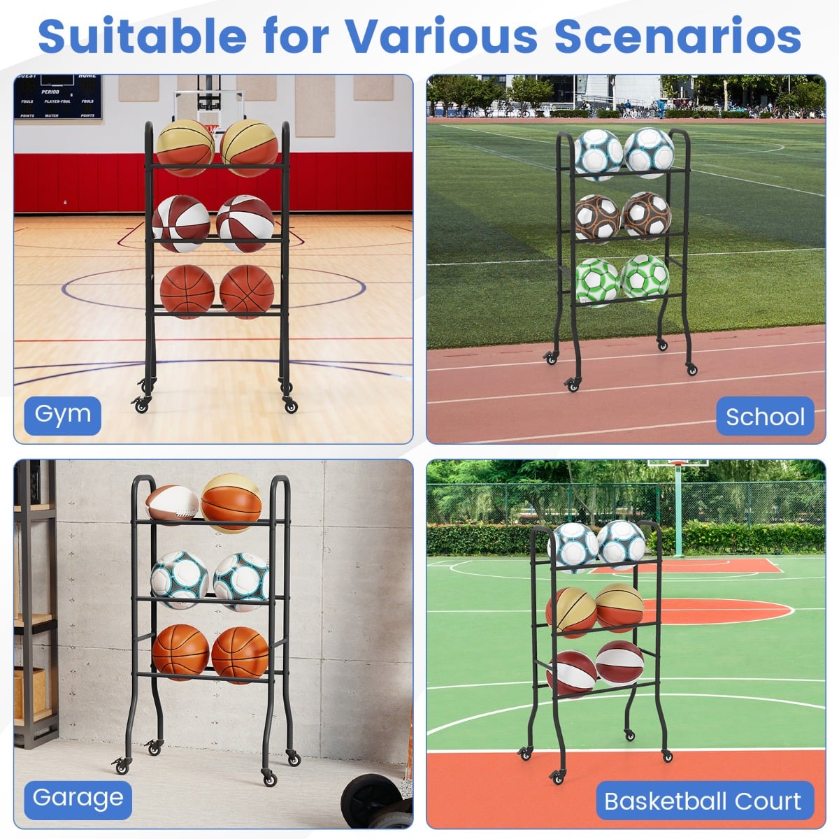 This sports equipment organiser is shown in a gym, school, garage and on a basketball court