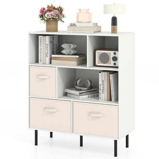 3-Tier Bookcase with 3 Removable Folding Fabric Drawers, a white bookcase with two fabric drawers and three open shelves