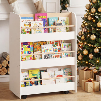 White three-tier kids bookshelf with wheels displaying children's books on a festive background