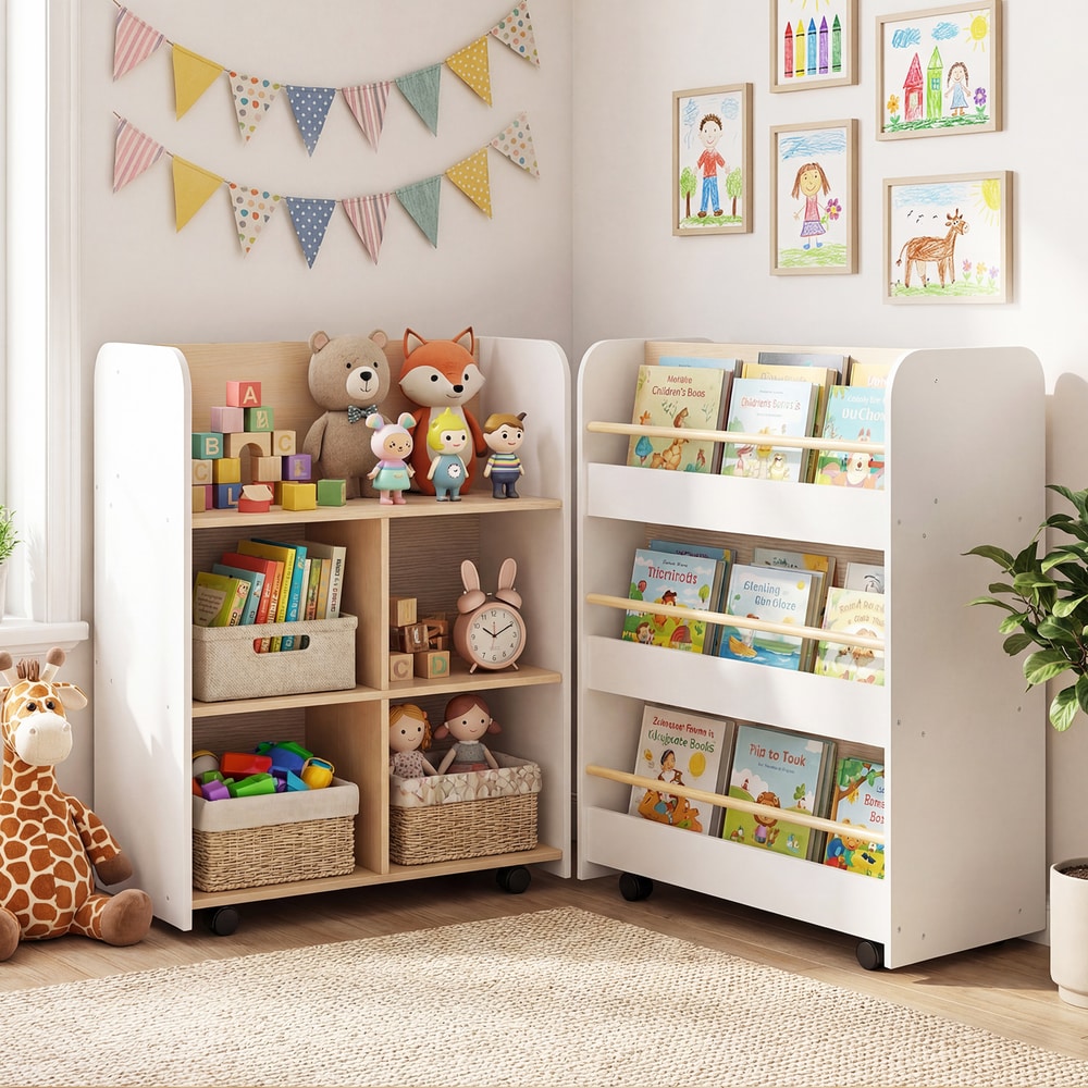 Kids storage bookshelf with wheels in a nursery room filled with toys and books