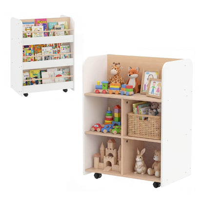 3-Tier Bookshelf for Kids with Wheels Double-sided Book Display in white with books and toys on shelves