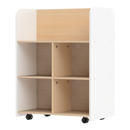 White kids storage unit with wooden shelves and wheels, empty of contents