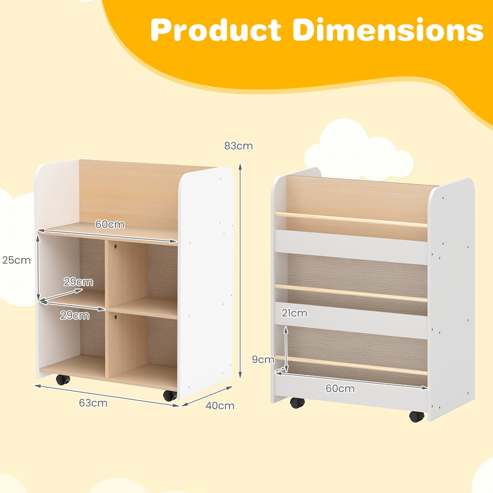 Product dimensions diagram for the white kids bookshelf with wheels