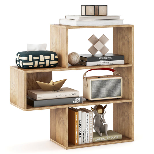 3-tier Bookshelf Irregular Open Back Bookcase with 3 Cubes, natural wood finish, shown with books and decorative items