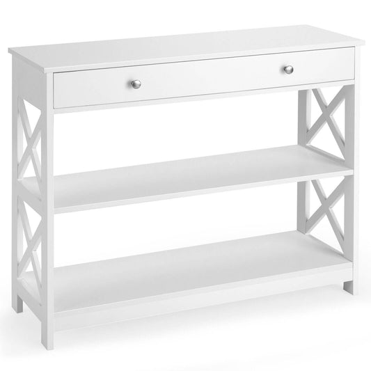 3-Tier Console Table with a single drawer and two open shelves in a clean white finish